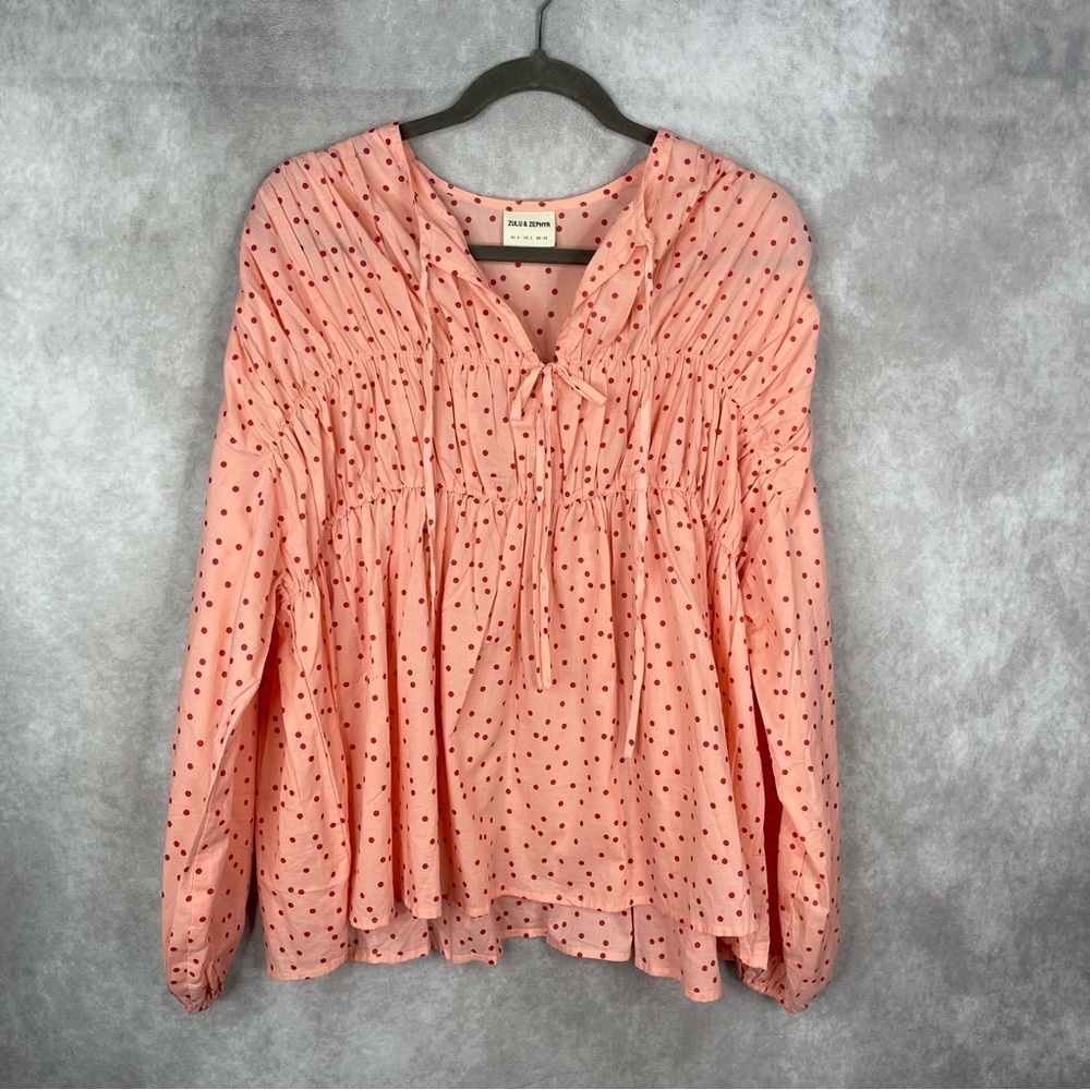 Zulu & Zephyr Voluminous Polka Dot Blouse In Coral Pink Women's Size US 2